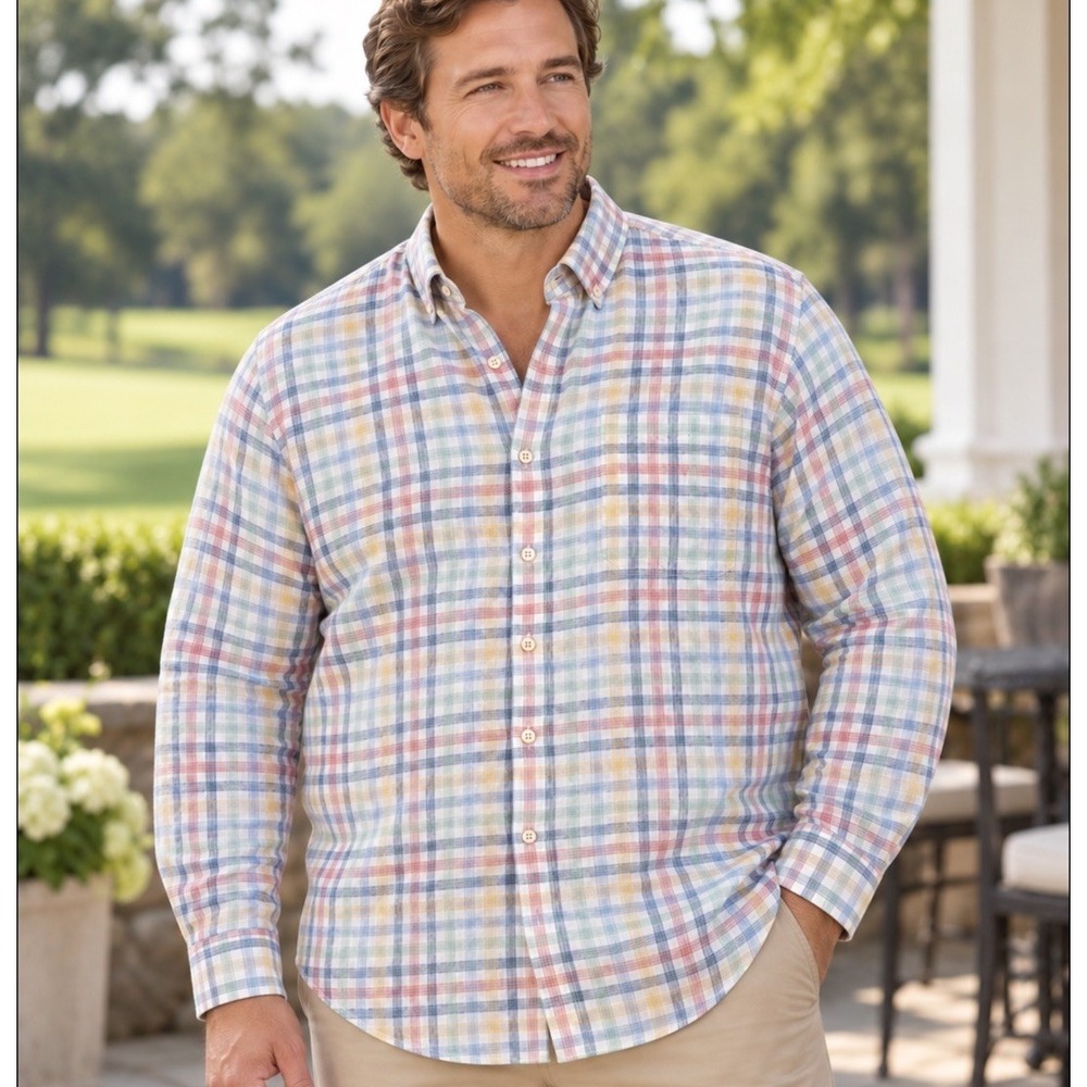 Peter Millar XXL Crown Sport  100% Linen  Hammer Mock Plaid Sport Shirt Golf
